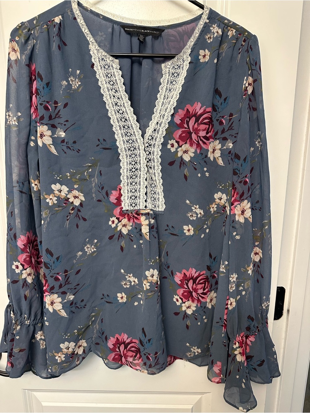 White House Black Market Slate Blue Floral Lace-Trim V-Neck Blouse